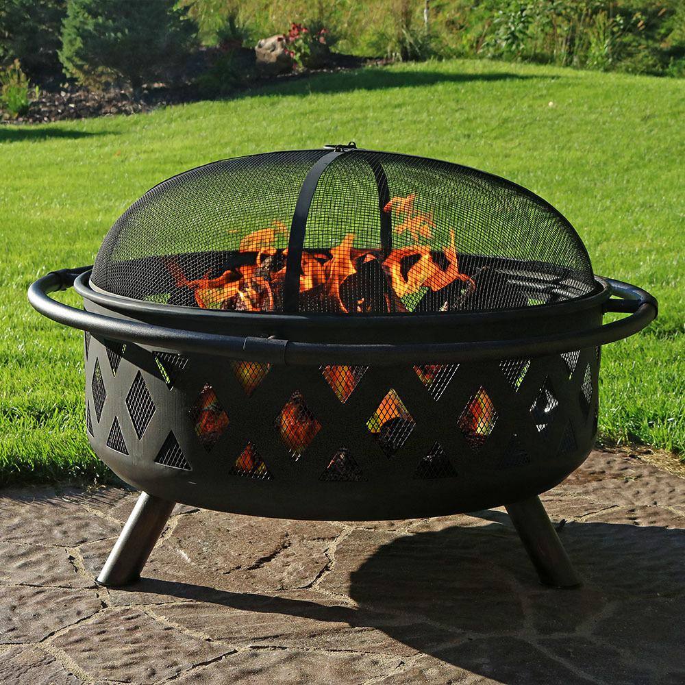 Sunnydaze Decor Black Cross Weave 36 in. x 24 in. Round Steel Wood Burning Fire Pit with Spark Screen NB-610037BLK