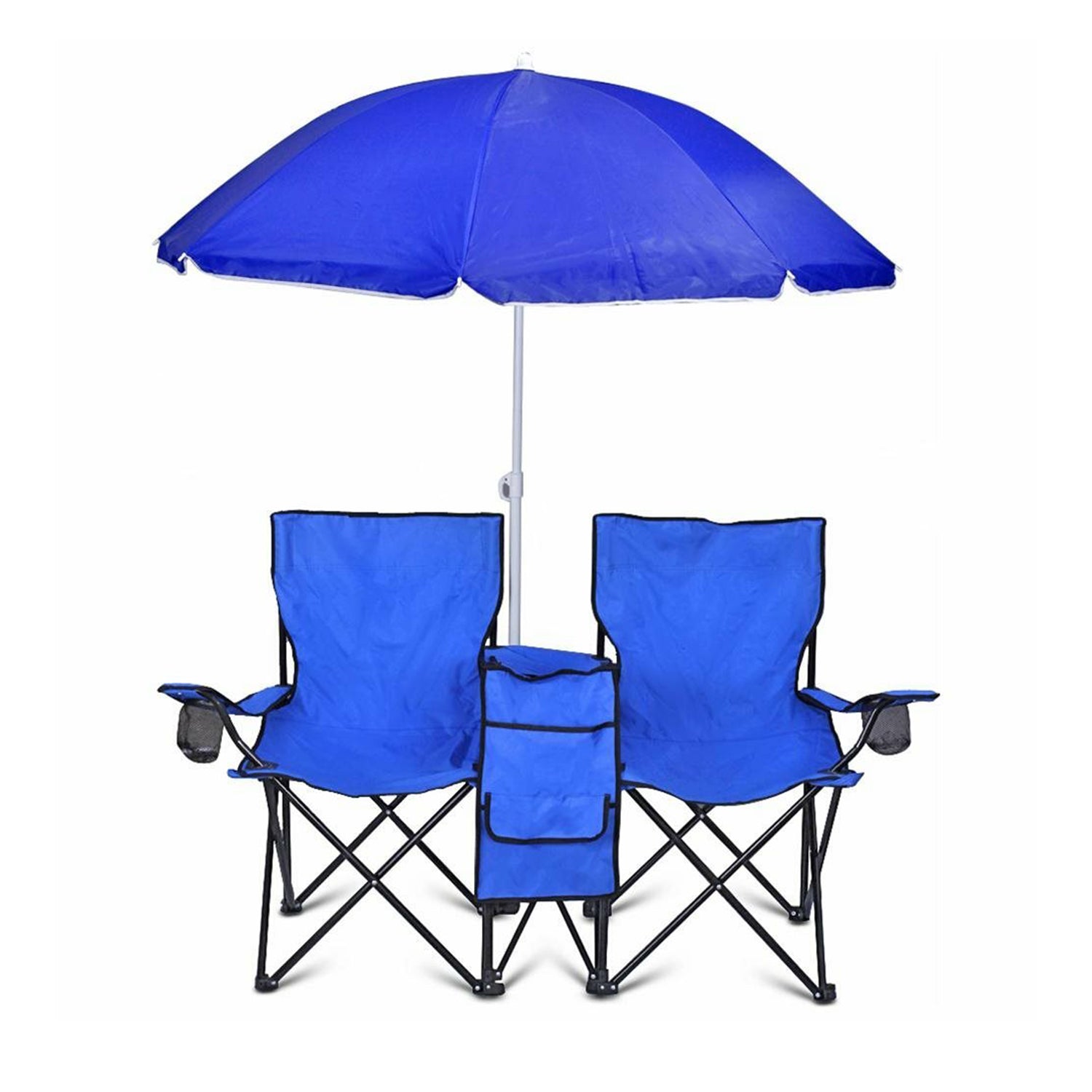 GoTeam Double Folding Camping Chair Set w/ Umbrella & Cooler Bag, Blue(Open Box)