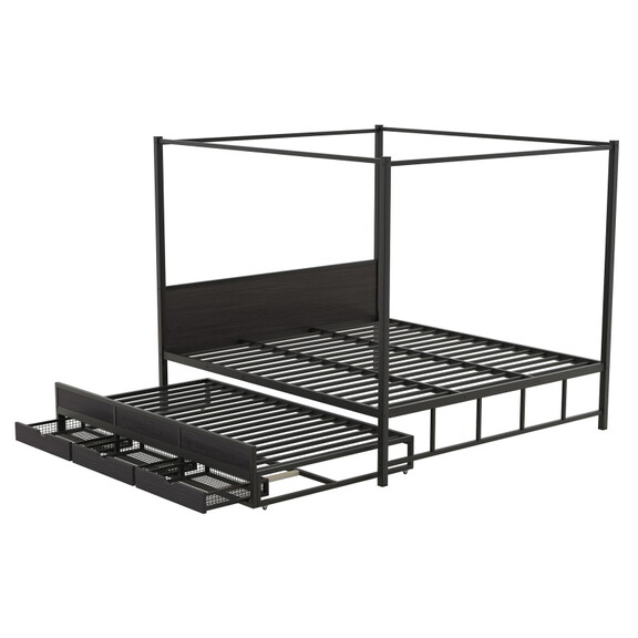 Queen Size Metal Canopy Platform Bed with Twin Siz...