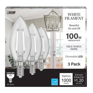 Feit Electric 100-Watt Equivalent B10 E12 Candelabra Dim White Filament Clear Glass Chandelier LED Light Bulb True White 3500K 3-Pack CTC100935CAWFILHDRP3