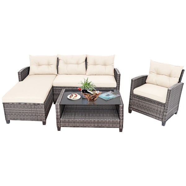 Gymax 4PCS Rattan Patio Conversation Furniture Set Outdoor Sectional