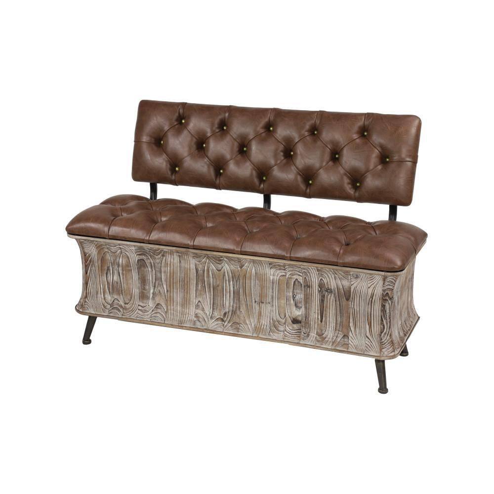 Litton Lane Brown Storage Bench with Tufted Faux Leather Seat and Back 32 in. X 47 in. X 20 in. 90673