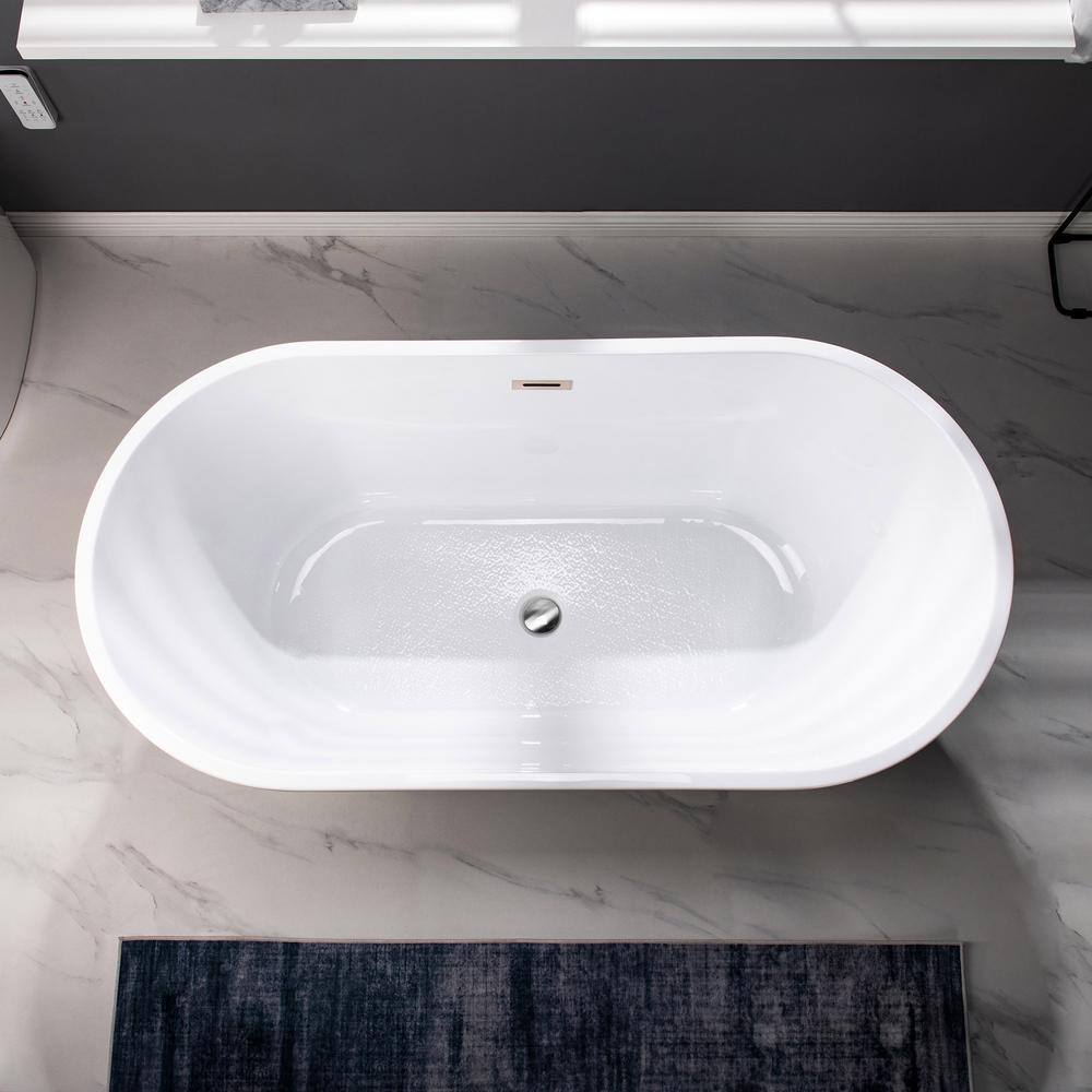 WOODBRIDGE Newark 59 in. Acrylic FlatBottom Double Ended Bathtub with Brushed Nickel Overflow and Drain Included in White HBT5774