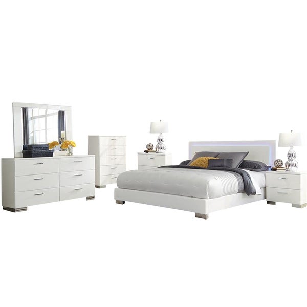 6 Piece PU Bedroom Set with LED Lighting Headboard in Glossy White - - 36135678