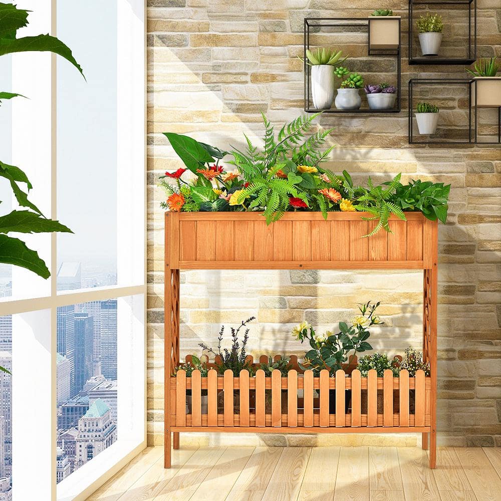 HONEY JOY Outdoor 2-Tier 35.5 in. H Natural Wood Planter Raised Garden Bed Elevated Planter Box Kit with Liner and Shelf TOPB005758