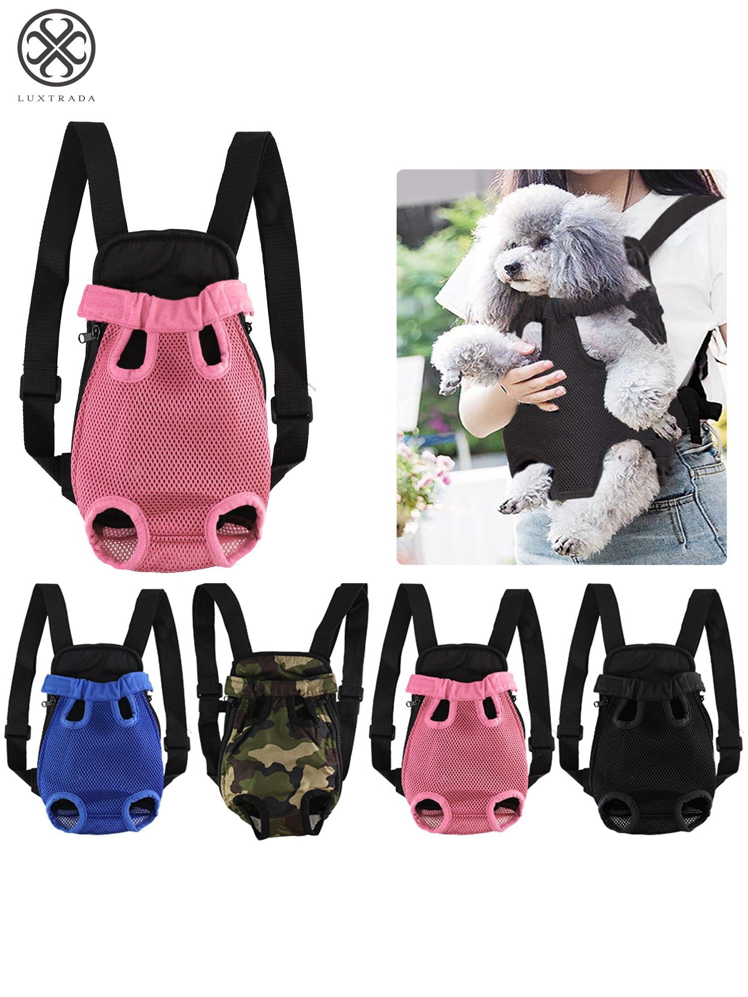 Luxtrada Pet Backpack Carrier Cat Dog Carriers Mesh Travel Bag Legs Out Front Chest Bag with Adjustable Padded Straps Openings (Pink，M)