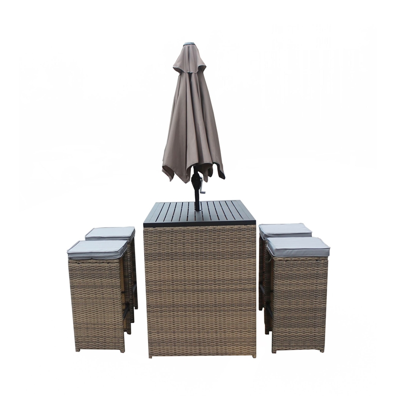 Luxury Living Furniture 6 Piece Wicker Rattan Outdoor Bar Set with Umbrella， All Weather Outdoor Bar with Cushions for Patio and Poolside