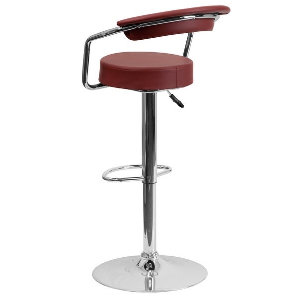 Contemporary Burgundy Vinyl Adjustable Height Barstool with Arms and Chrome Base