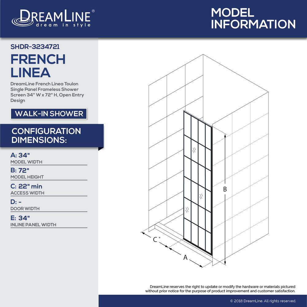 DreamLine French Linea Toulon 34 in. x 72 in. Frameless Fixed Shower Screen in Satin Black SHDR-3234721-89