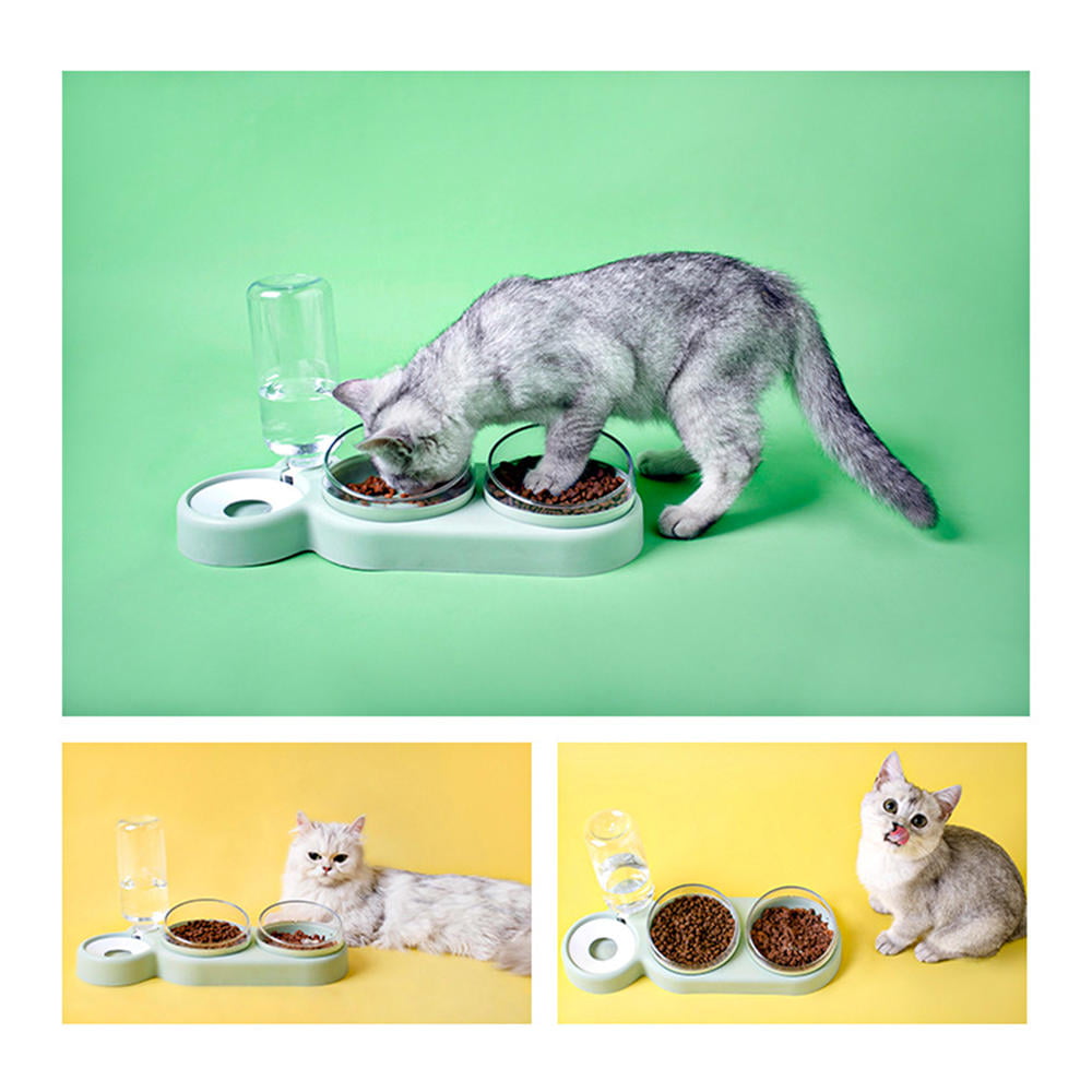 JOYLA Pet Bowl Cat Double Bowls Food Water Feeder with Auto Water Dispenser Dog Cat Food Bowl Drinking Raised Stand Dish Three Bowls