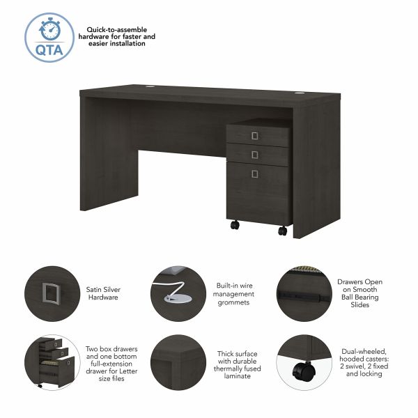 Office by kathy ireland Echo Credenza Desk with Mobile File Cabinet in Charcoal Maple