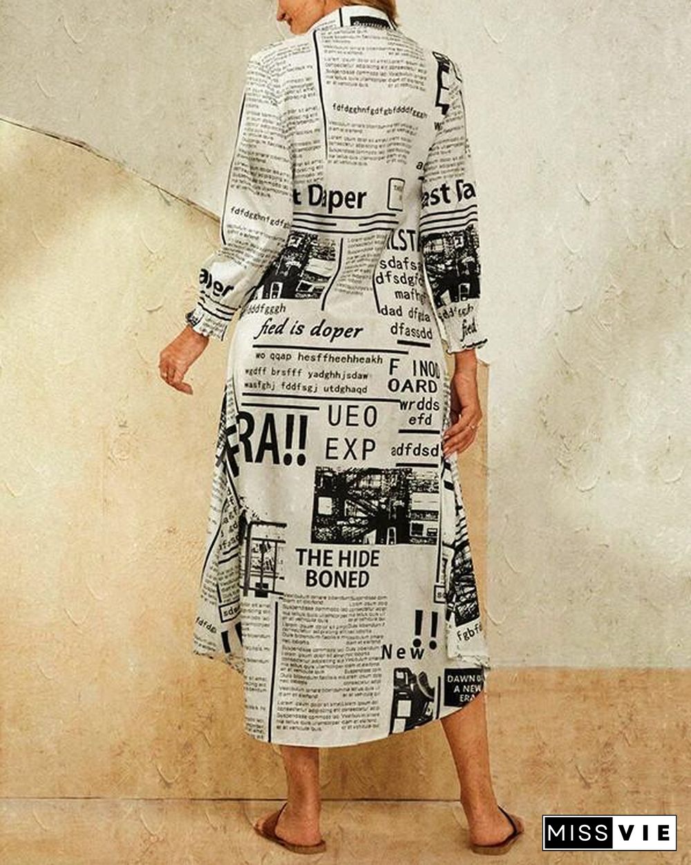 Leaves Print Lapel Button Long Sleeve Maxi Shirt Dress