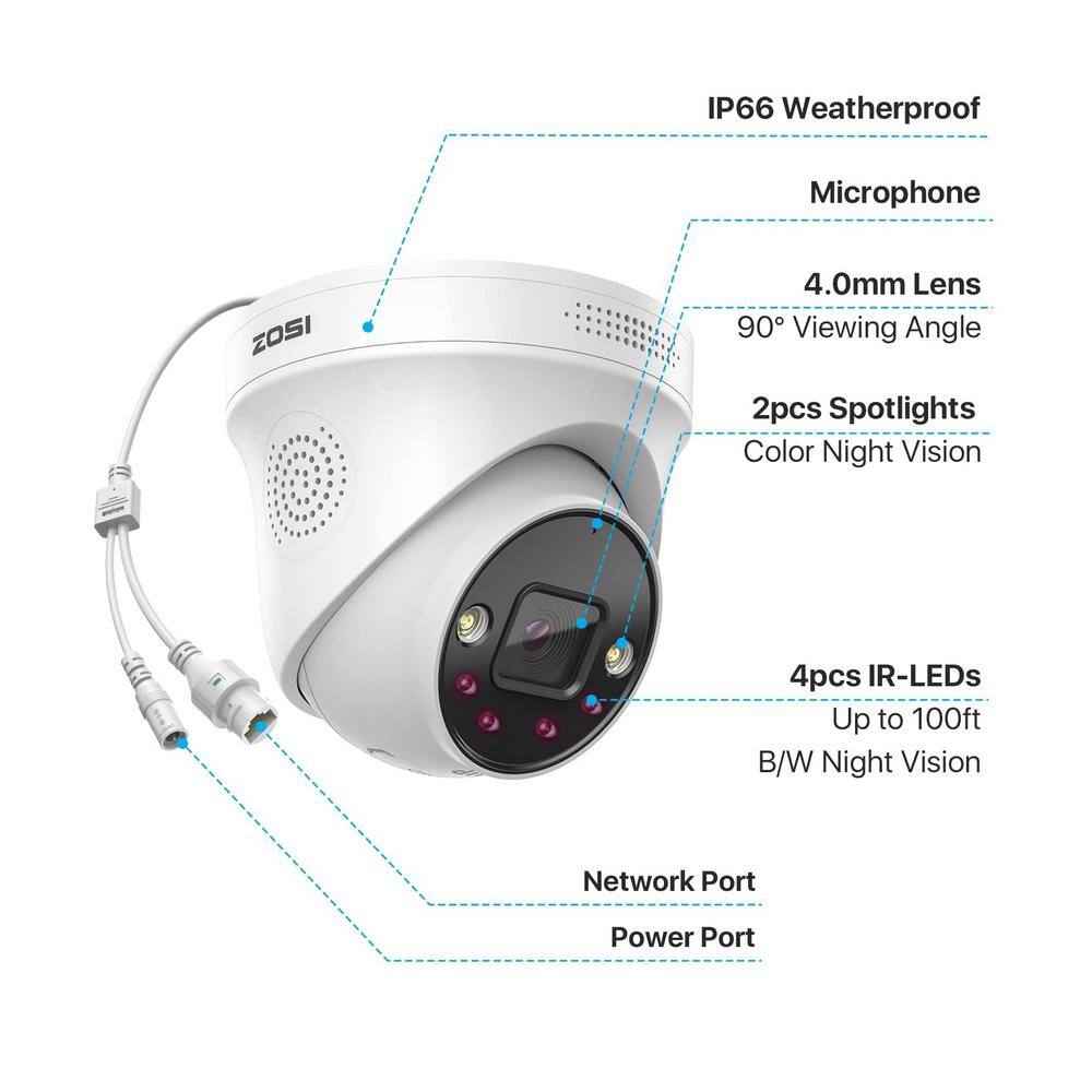 ZOSI ZG2258D ZG2258A 4K 8MP PoE Wired IP Security Camera with Night Vision 2-Way Audio Only Work with Same Brand NVR Model IPC-2258D-W-C