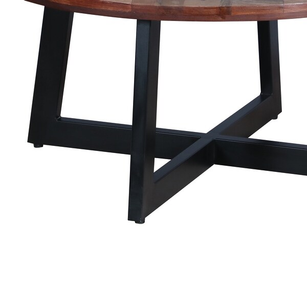 31 Inch Round Mango Wood Farmhouse Coffee Table， X Shape Iron Frame， Brown， Black