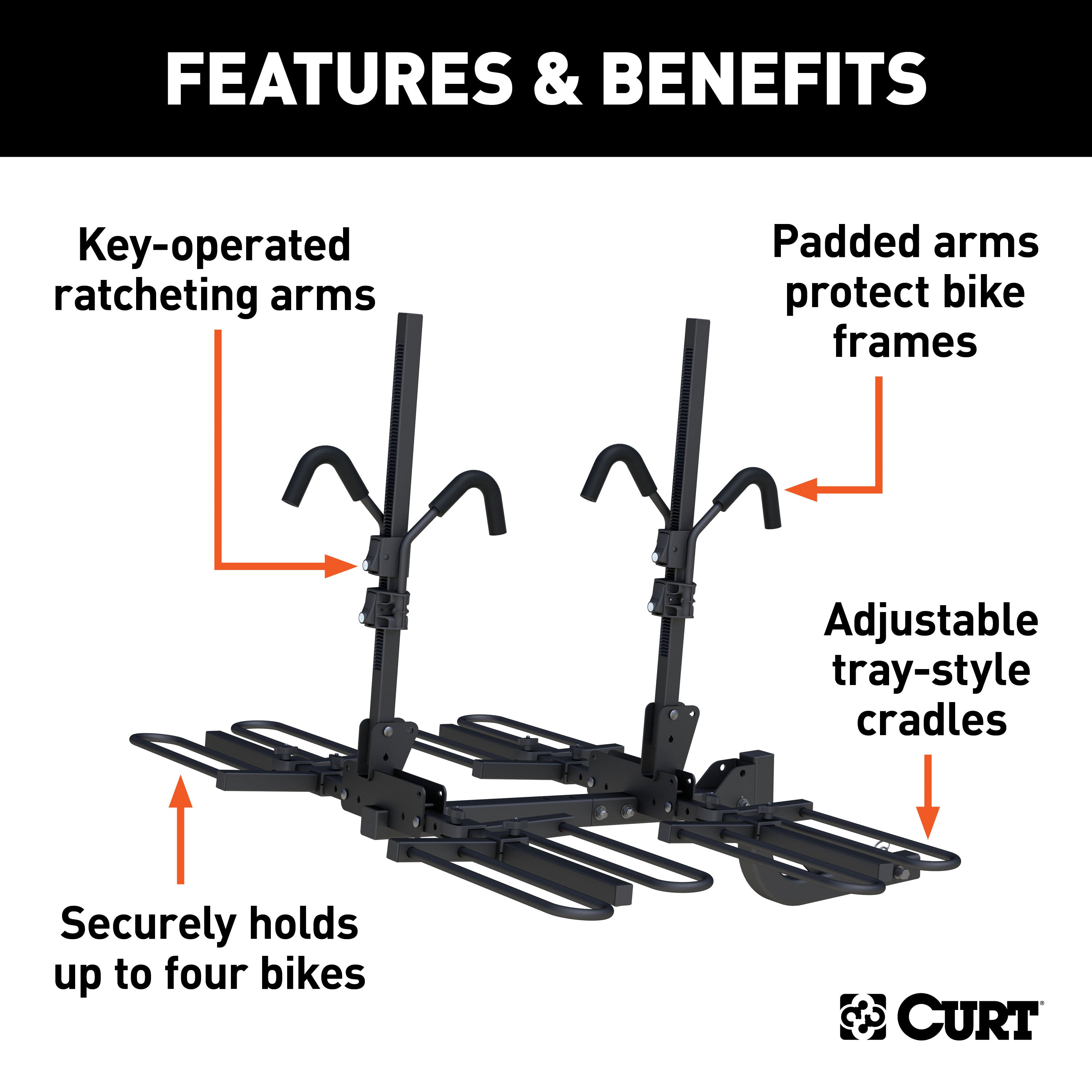 CURT 18087 Secure Locking Tray-Style Trailer Hitch Bike Rack Mount， Fits 2-Inch Receiver， 4 Bicycles