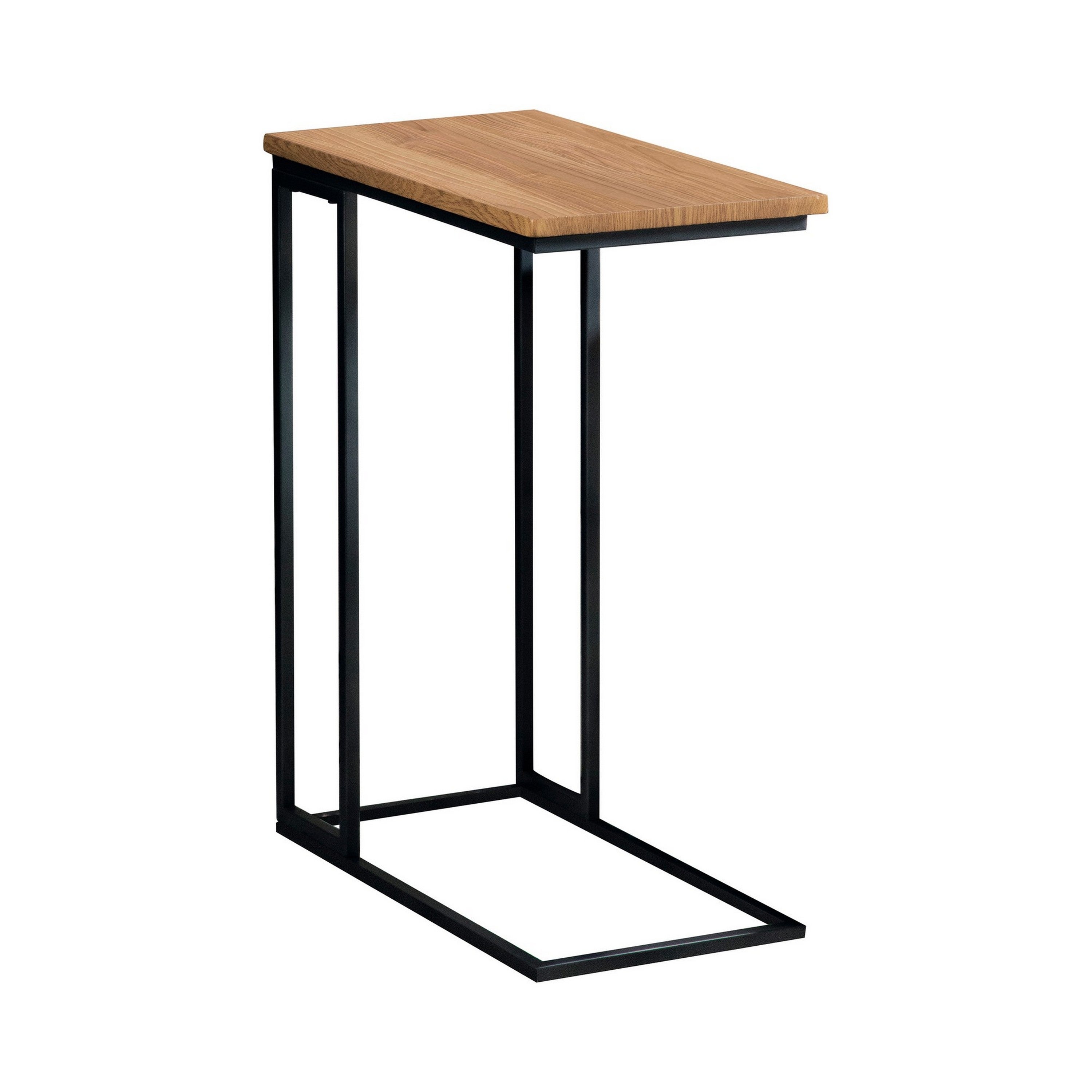 23 Inch Modern C Shape Side End Table， Wood， Metal Frame， USB， Light Brown