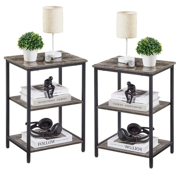 Set of 2 End Table With Wood Storage Shelf， 3-Tier Bedside Sofa Side End Table Storage Display Shelf