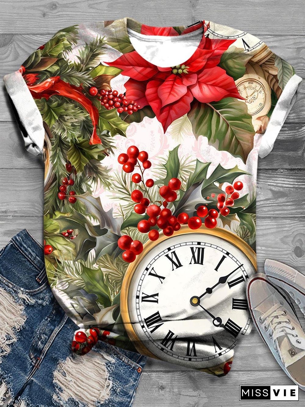 Christmas Fancy Clock Watercolor Crew Neck Tee