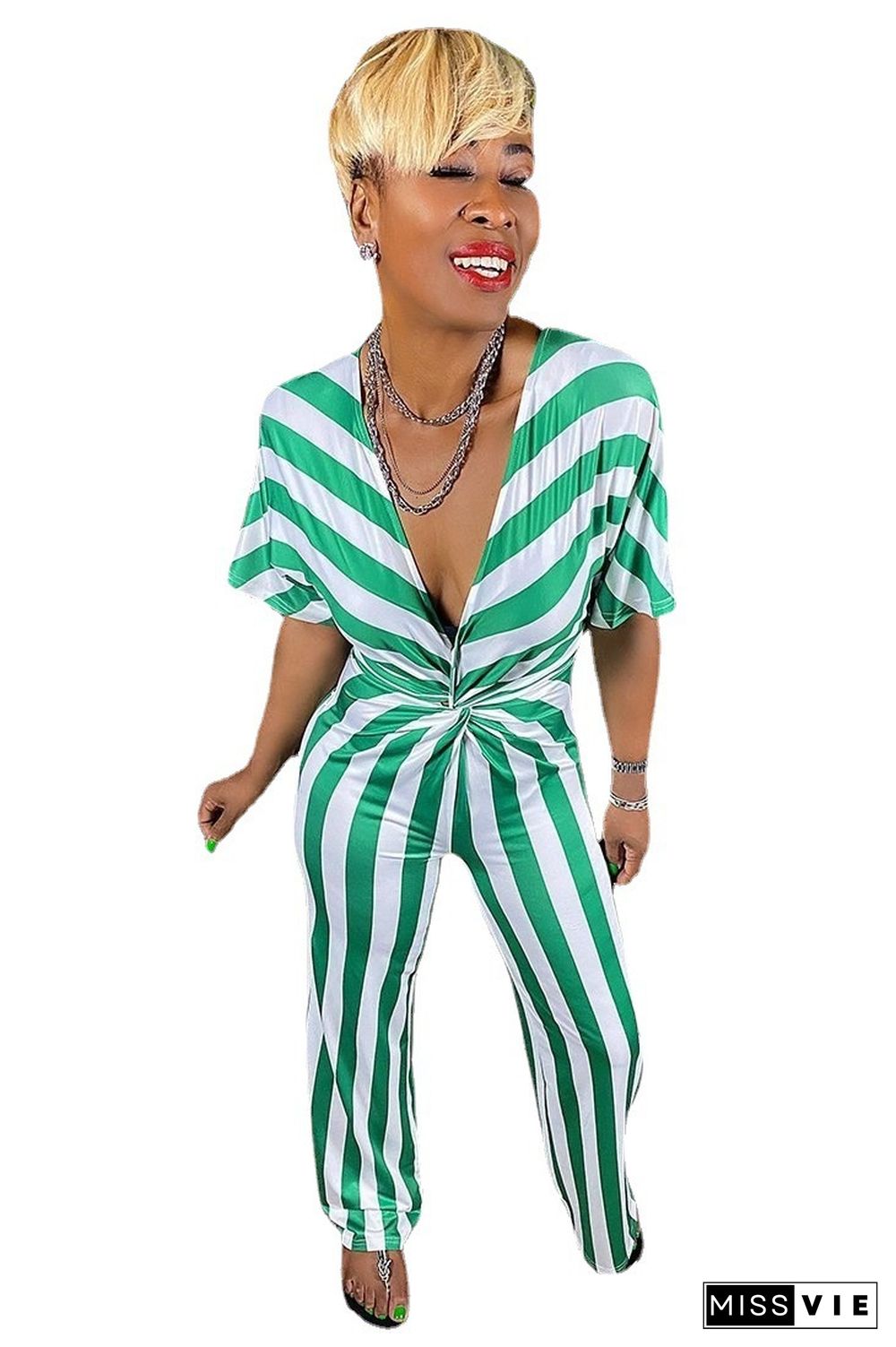 Sexy Women Summer Deep V-Neck Stripe Short Sleeve High Waist Wide Leg Elastic Loose Jumpsuit