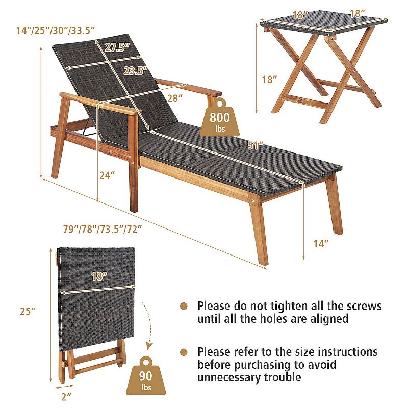 2 Pieces Patio Chaise Lounge and Table Set with 4-Level Adjustable Backrest