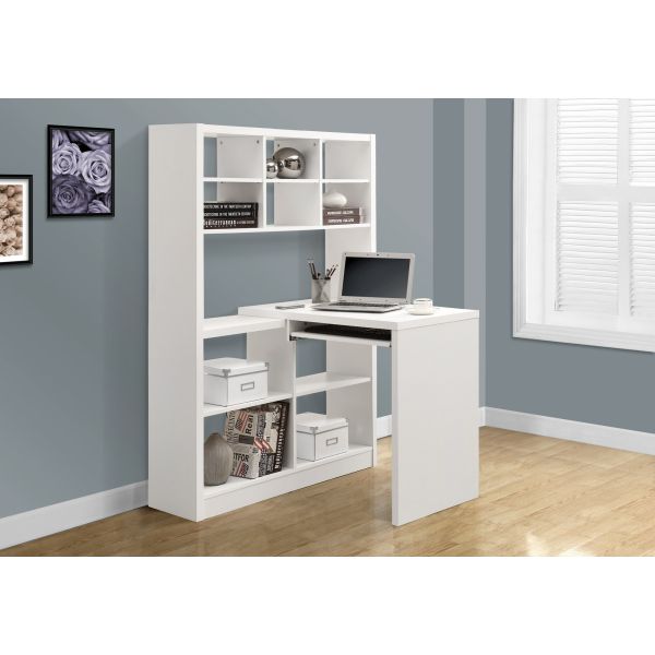 Computer Desk， Home Office， Bookcase， Corner， Storage Shelves， Left， Right Set-up， L Shape， Work， Laptop， White Laminate， Contemporary， Modern