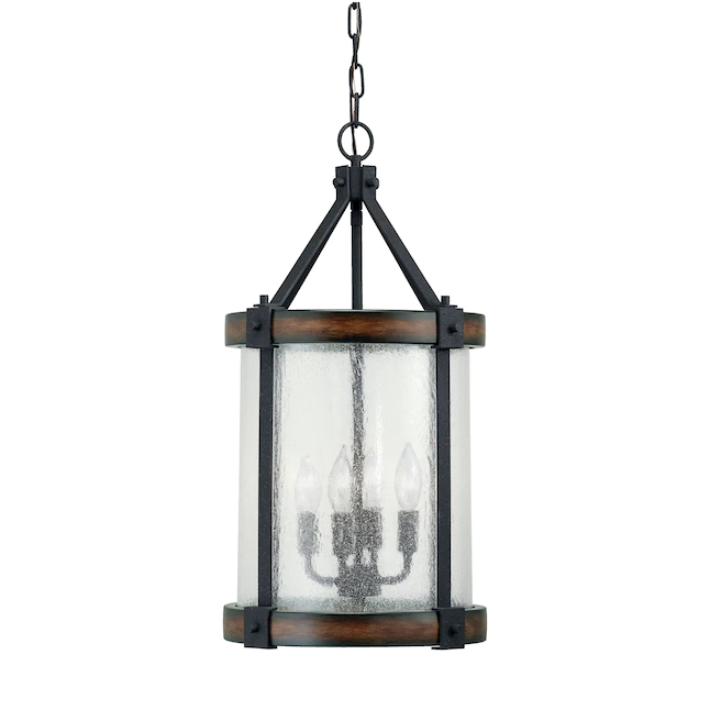 Kichler Barrington 4-Light Distressed Black and Wood Tone Rustic Seeded Glass Cylinder Pendant Light