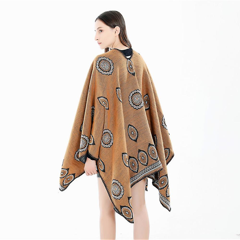 Women's Winter Cape Shawl Scarf Vintage Style Boho Print Fringe Shawl Cardigan1pcs-khaki