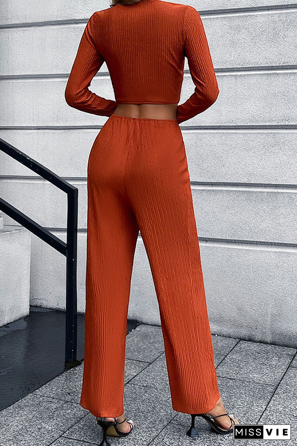 V Neck Ruched Top with Wide Pants 2pcs Pant Set