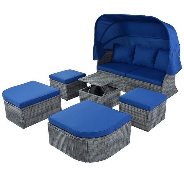 6Piece Outdoor Daybed Set with Retractable Canopy and Conversation Area