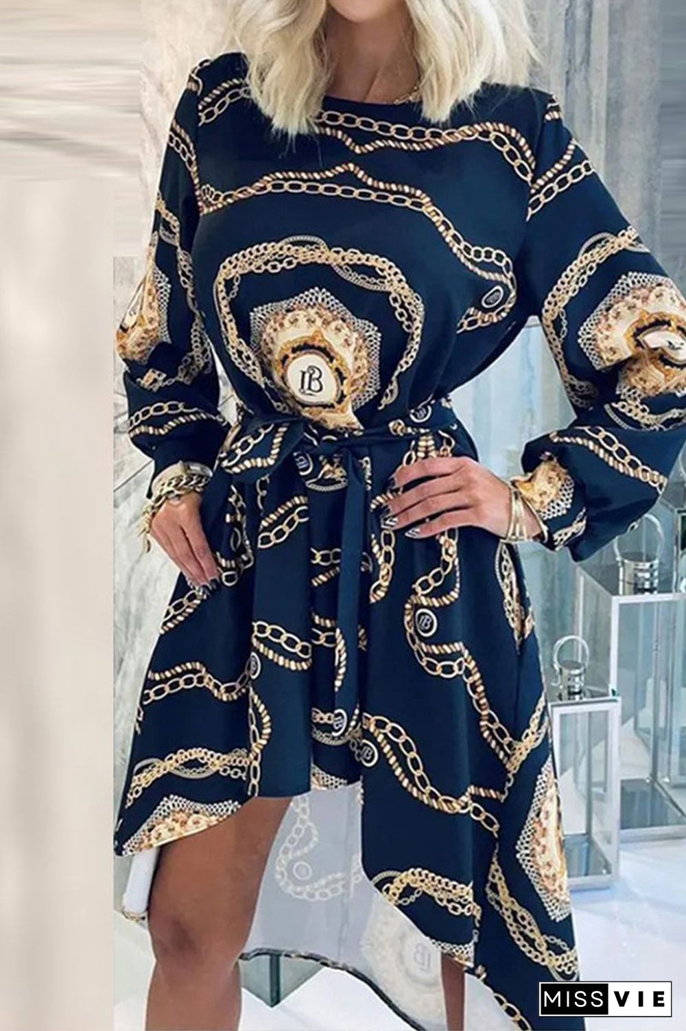 Fashion Elegant Print With Belt O Neck Asymmetrical Dresses