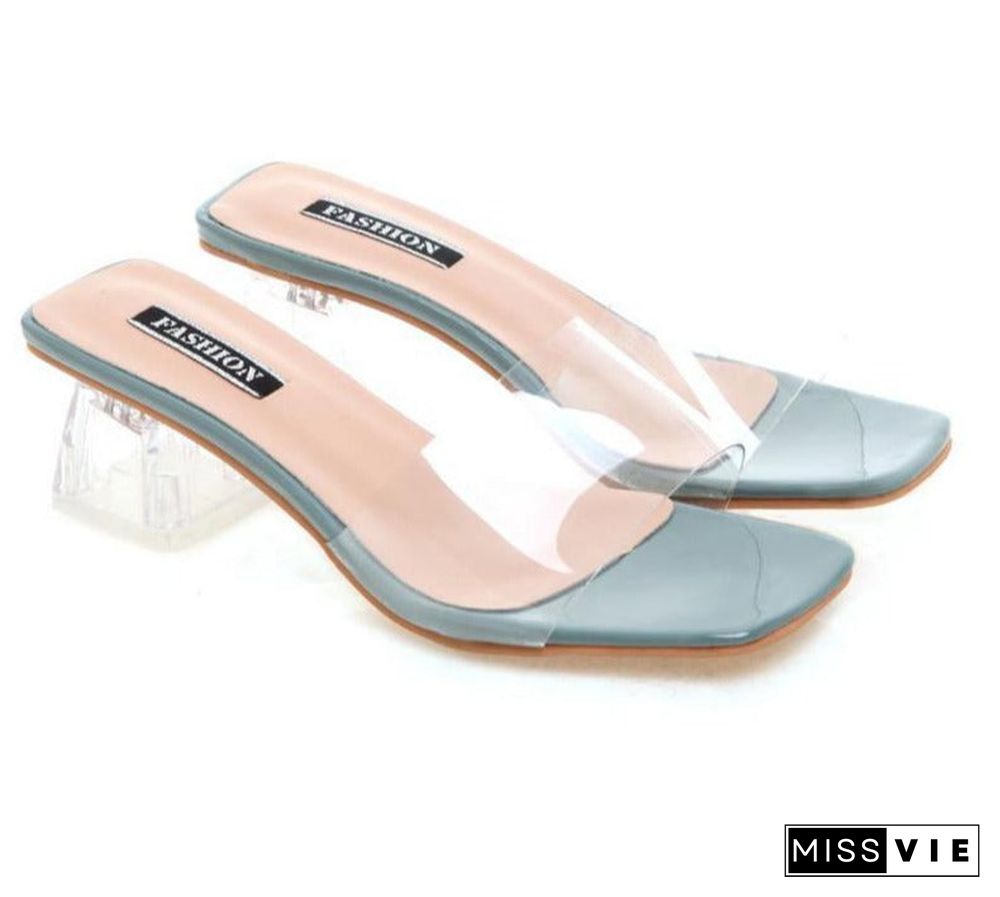 Clear Summer Sandals Women Shoes Women Mules Slides Peep Toe Transparent Square High Heels Female Shoe Casual  Square Heel