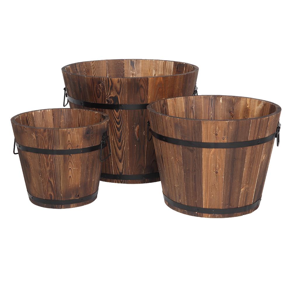 Ktaxon Wooden Bucket Barrel Planters Flower Pots for Plants Garden Outdoor Indoor Decor, Set of 3