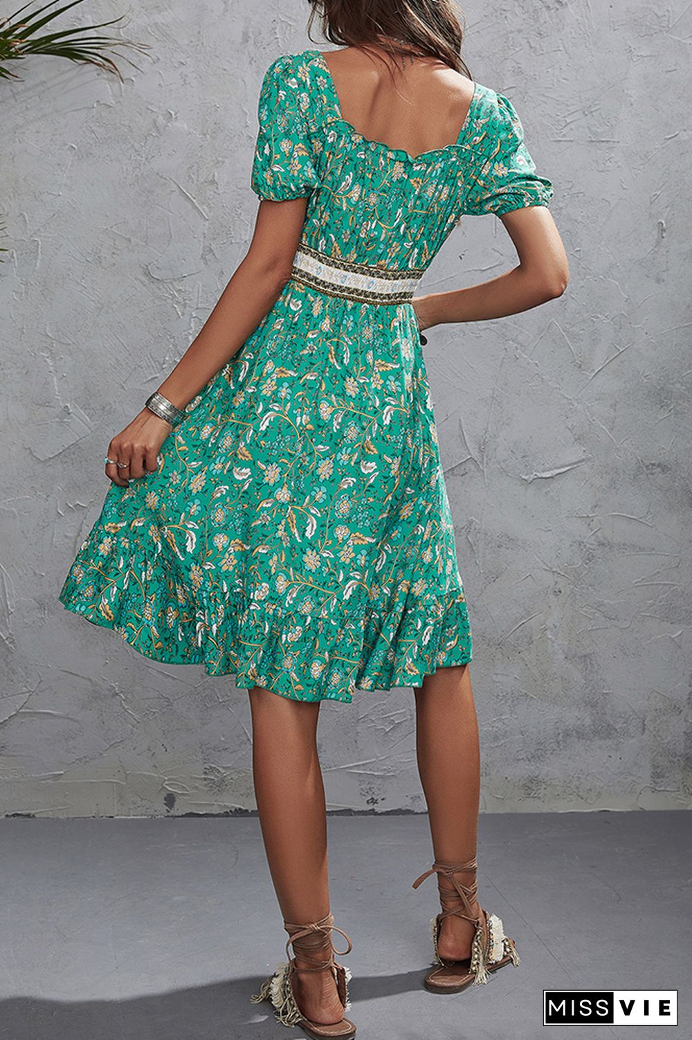 Front Tie Square Neckline High Waist Floral Dress Wholesale