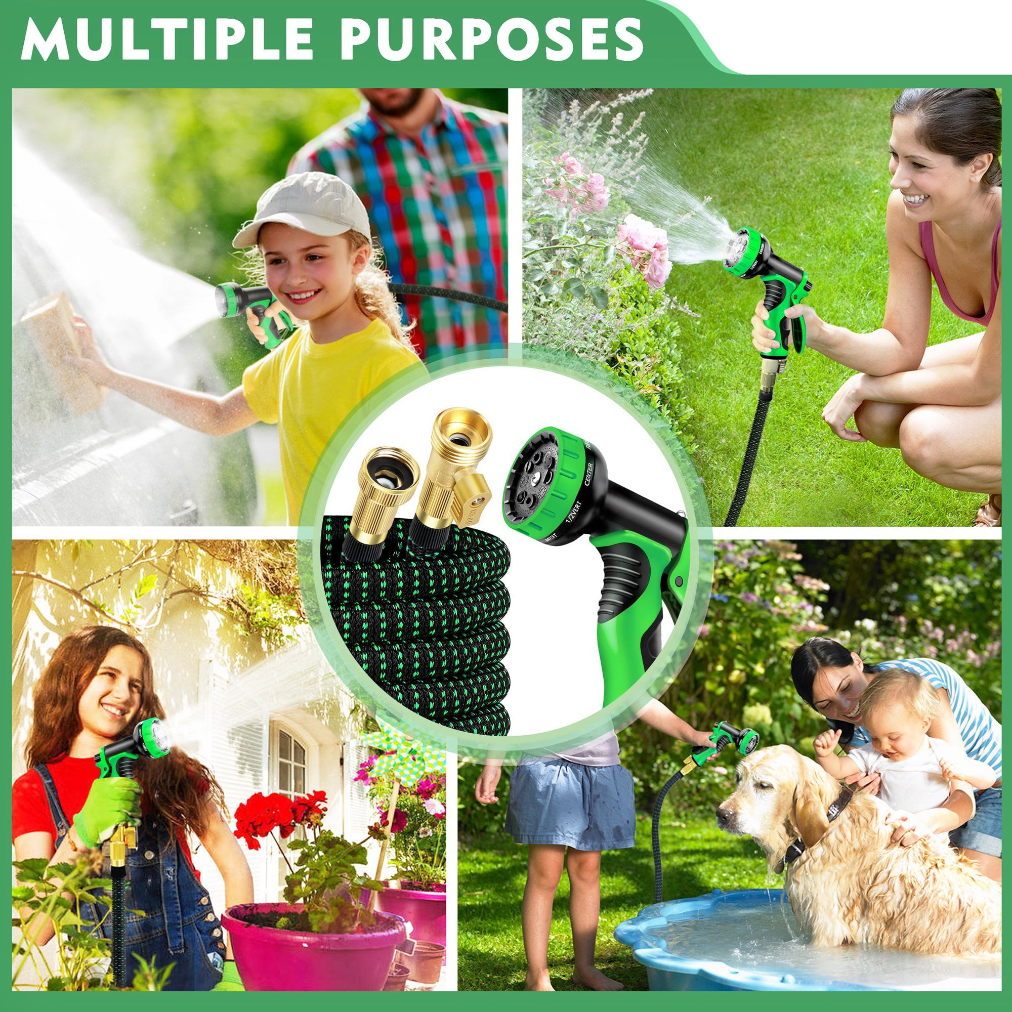 Garden Hose 100ft with 10 Function Spray Nozzle， Easy Storage and Usage