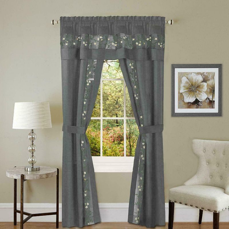 Kate Aurora Complete 5 Piece Embroidered Floral Attached Window in a Bag Sheer Curtain Set