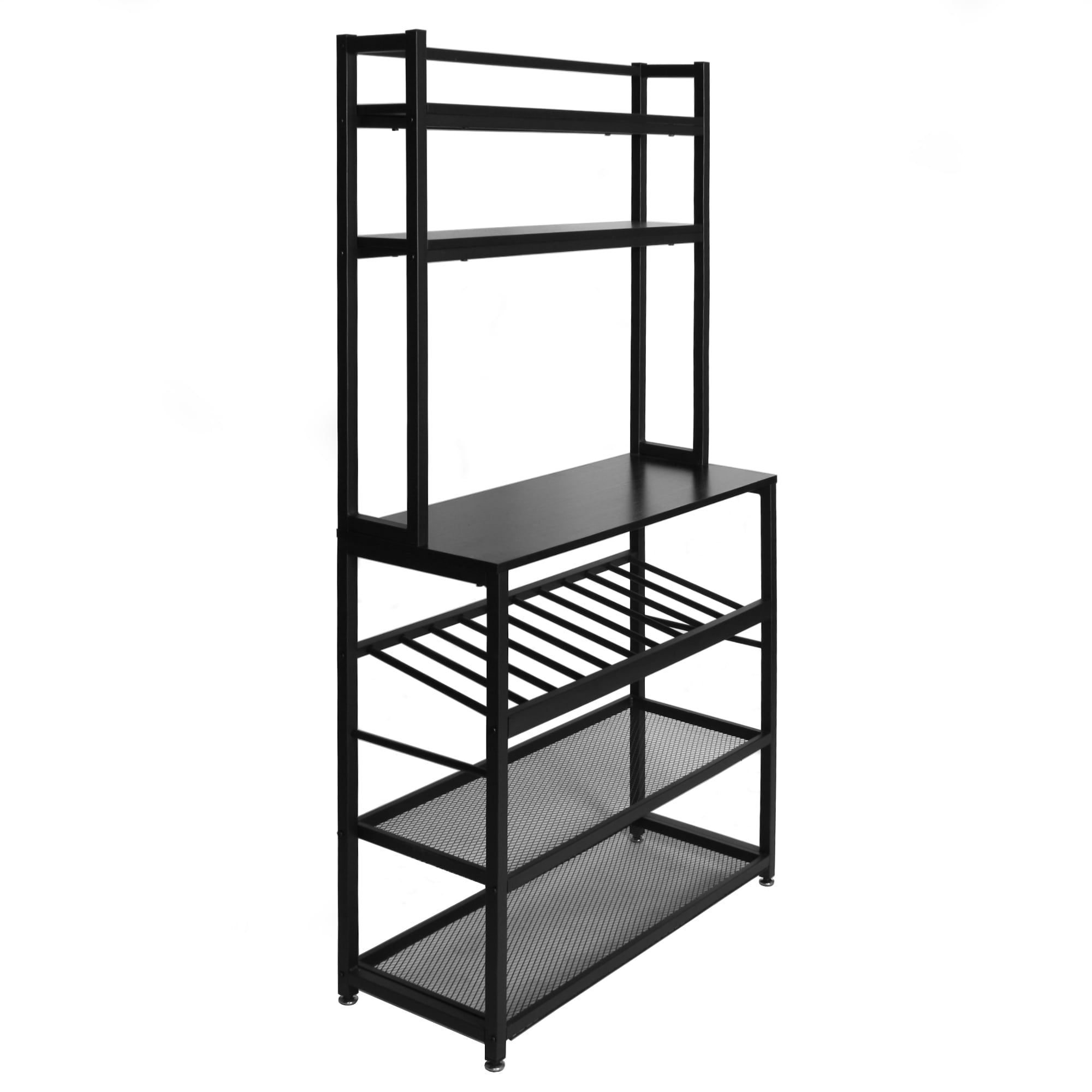 Better Home Products 6 Tier Metal Kitchen Baker's Rack with Wine Rack in Black