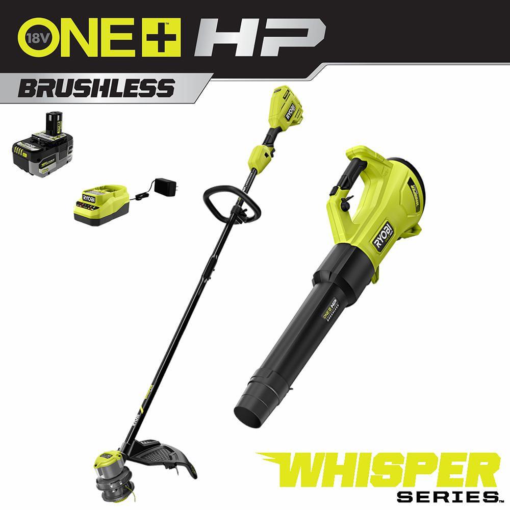 RYOBI ONE HP 18V Brushless Whisper Series Cordless Battery String Trimmer and Leaf Blower w 60 Ah Battery and Charger