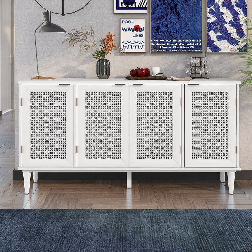 58'' Coastal Wide Buffet Sideboard  Wood Storage Cabinet with Rattan Door and Adjustable Shelves for Living Room  Bar  Entryway