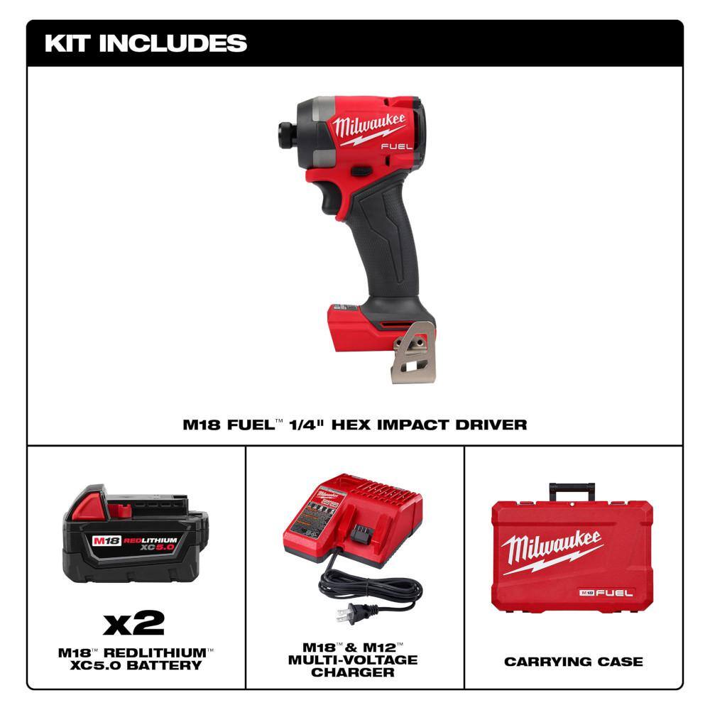 MW M18 FUEL 18V Lithium-Ion Brushless Cordless 14 in. Hex Impact Driver Kit with Two 5.0Ah Batteries Charger Hard Case 2953-22