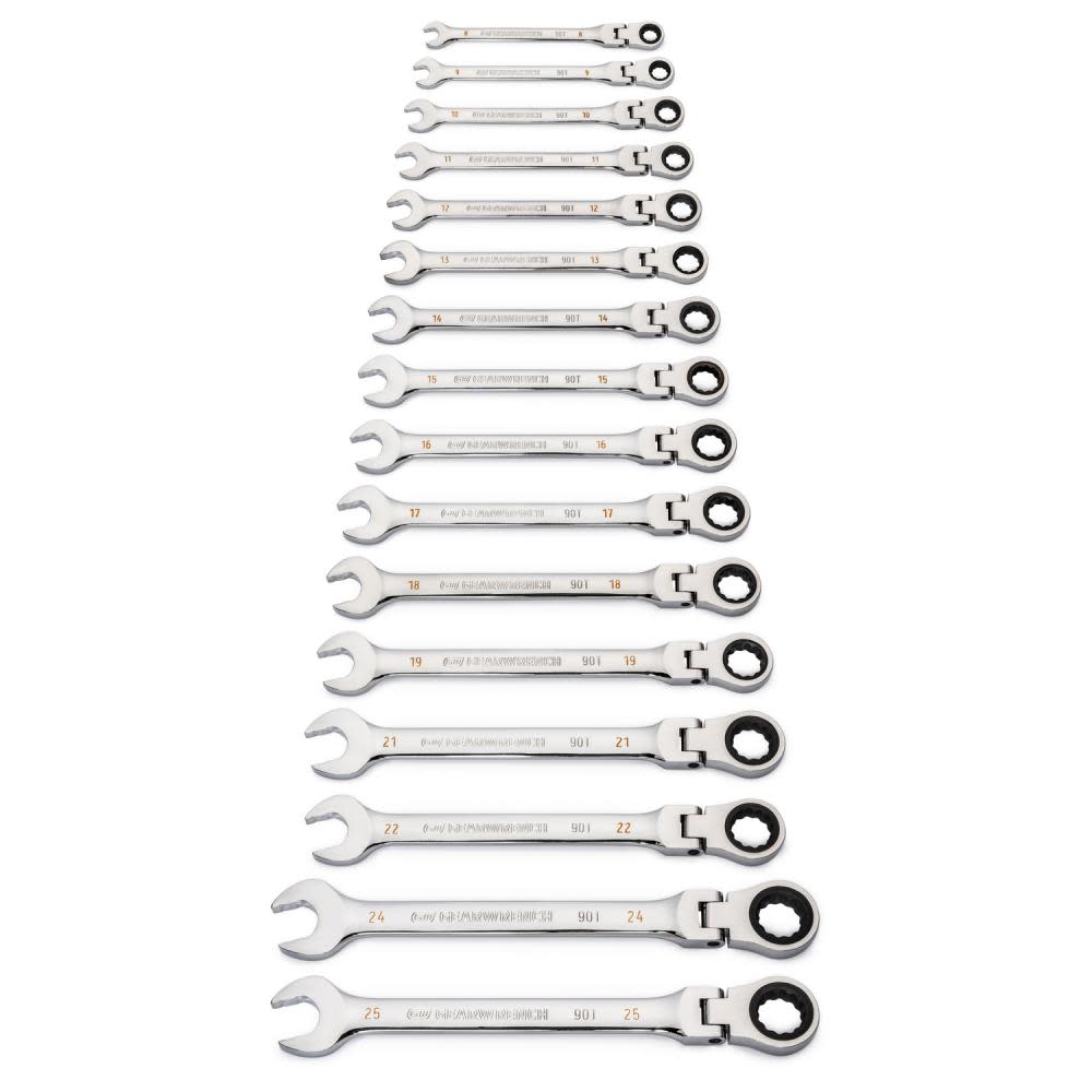 16 Pc 90T 12 Point Flex Head Ratcheting Combination Metric Wrench Set ;