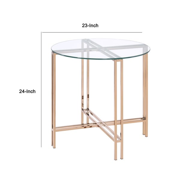 End Table with X Shaped Metal Base and Round Glass Top， Gold