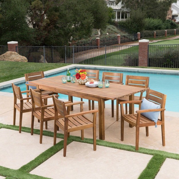 Wilson 9pc Acacia Wood Dining Set With Expandable Dining Table Teak Christopher Knight Home