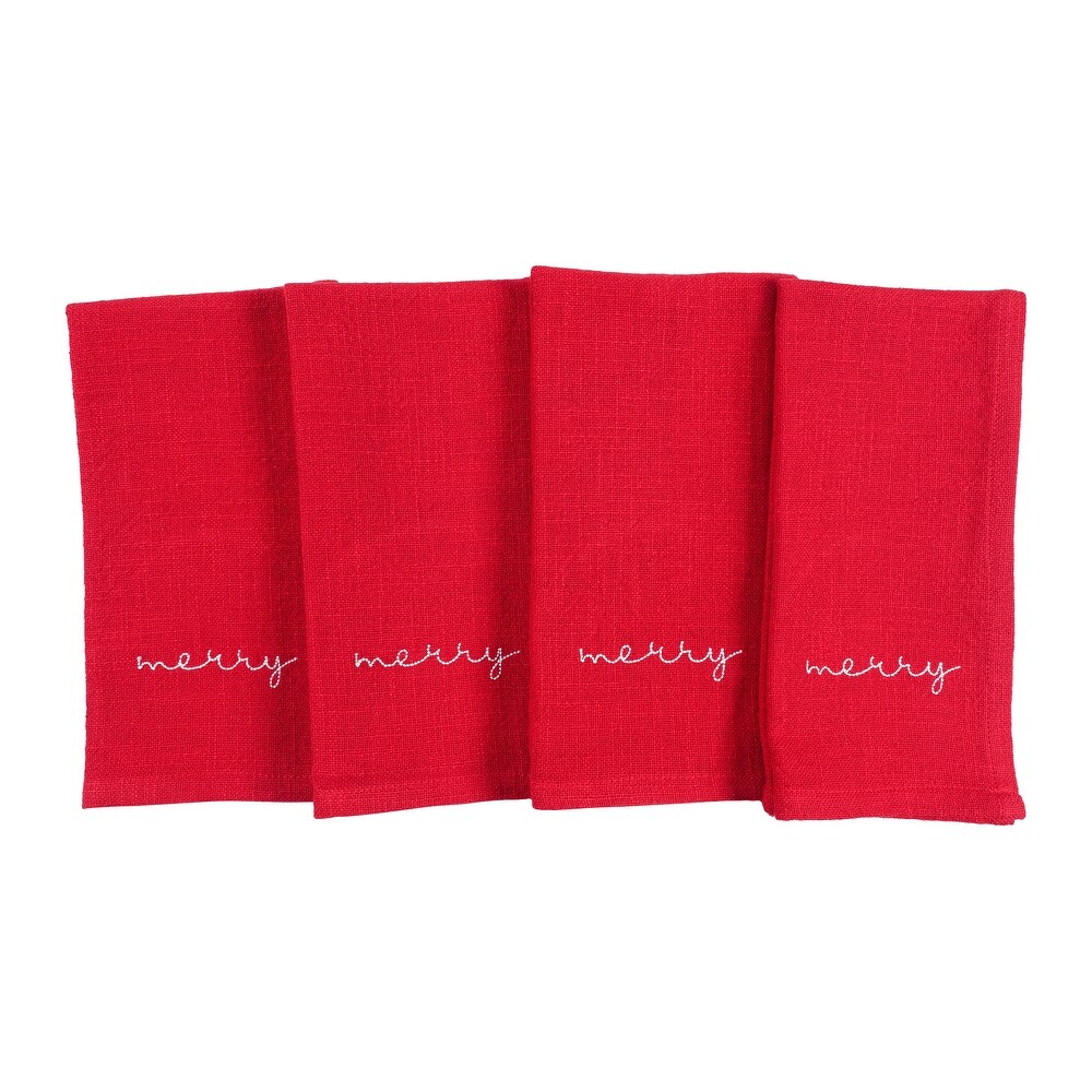 Napkins Holiday Red Embroidered Monaco   Merry (Set of 4)   20\