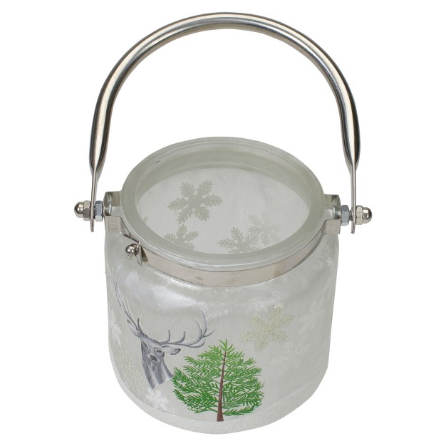 Deer Pine And Snowflakes Hand Painted Flameless Glass Candle Lantern