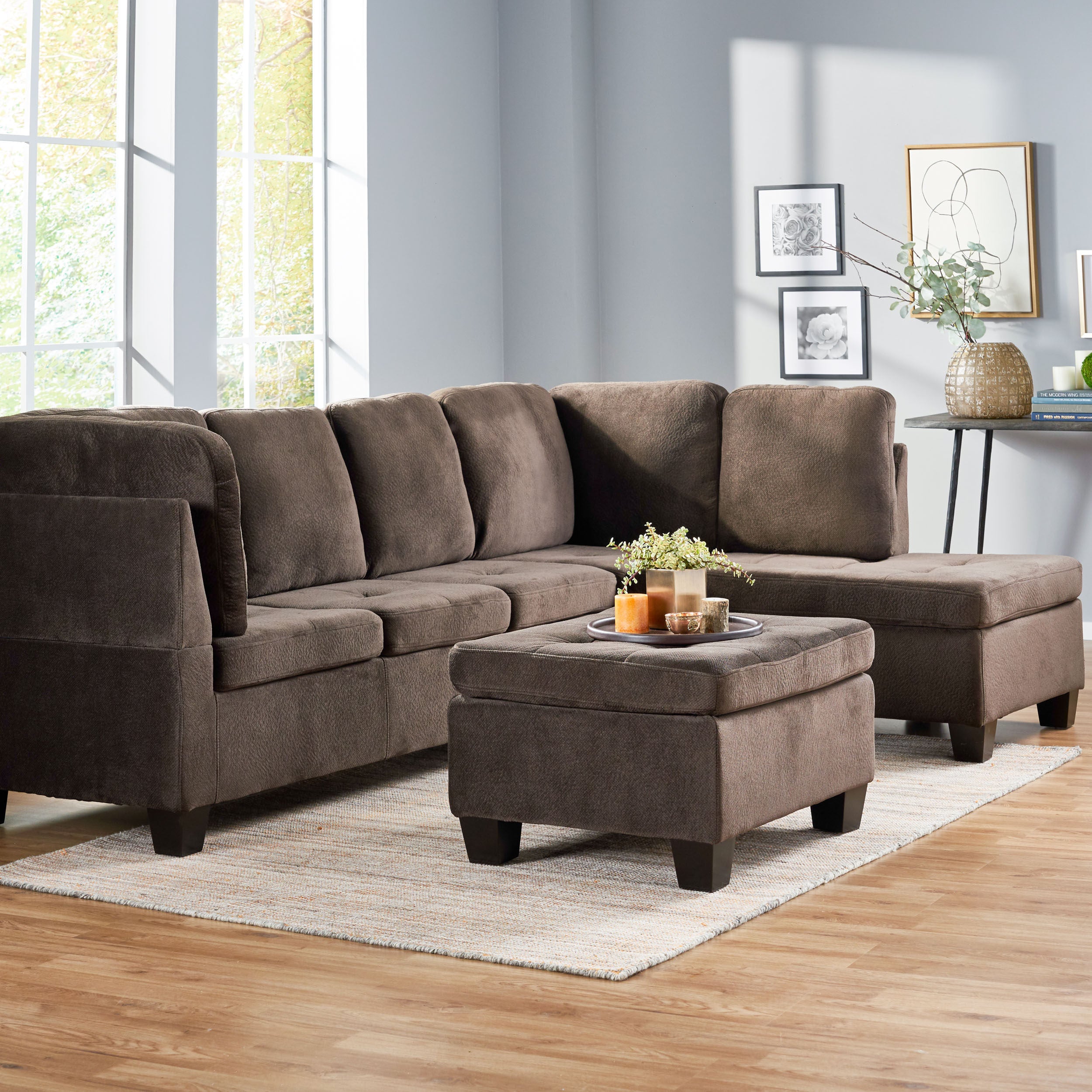 Welsh Contemporary Tufted Chocolate Brown Fabric Sectional Sofa Set