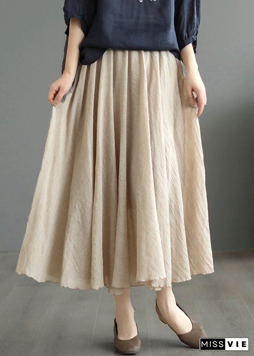 Khaki High Waist Patchwork Cotton Skirt Wrinkled Fall