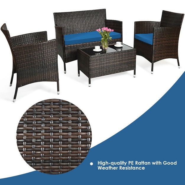 Tangkula 8pcs Patio Rattan Conversation Furniture Set Outdoor W Peacock Blue Cushion