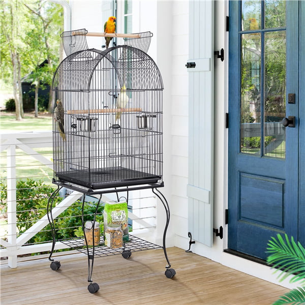 SMILE MART Metal Rolling Bird Cage with 2 Feeders and 2 Wooden Perches， Black