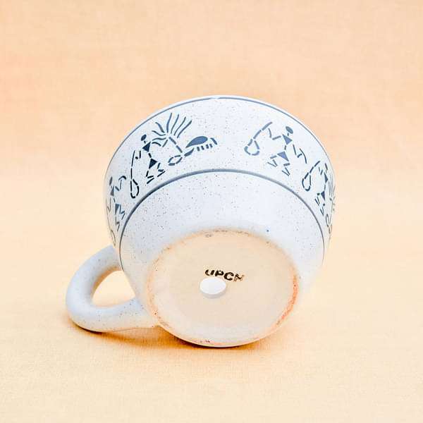 5.9 inch (15 cm) Warli Painting Cup Marble Finish Round Ceramic Pot (White) (set of 2)