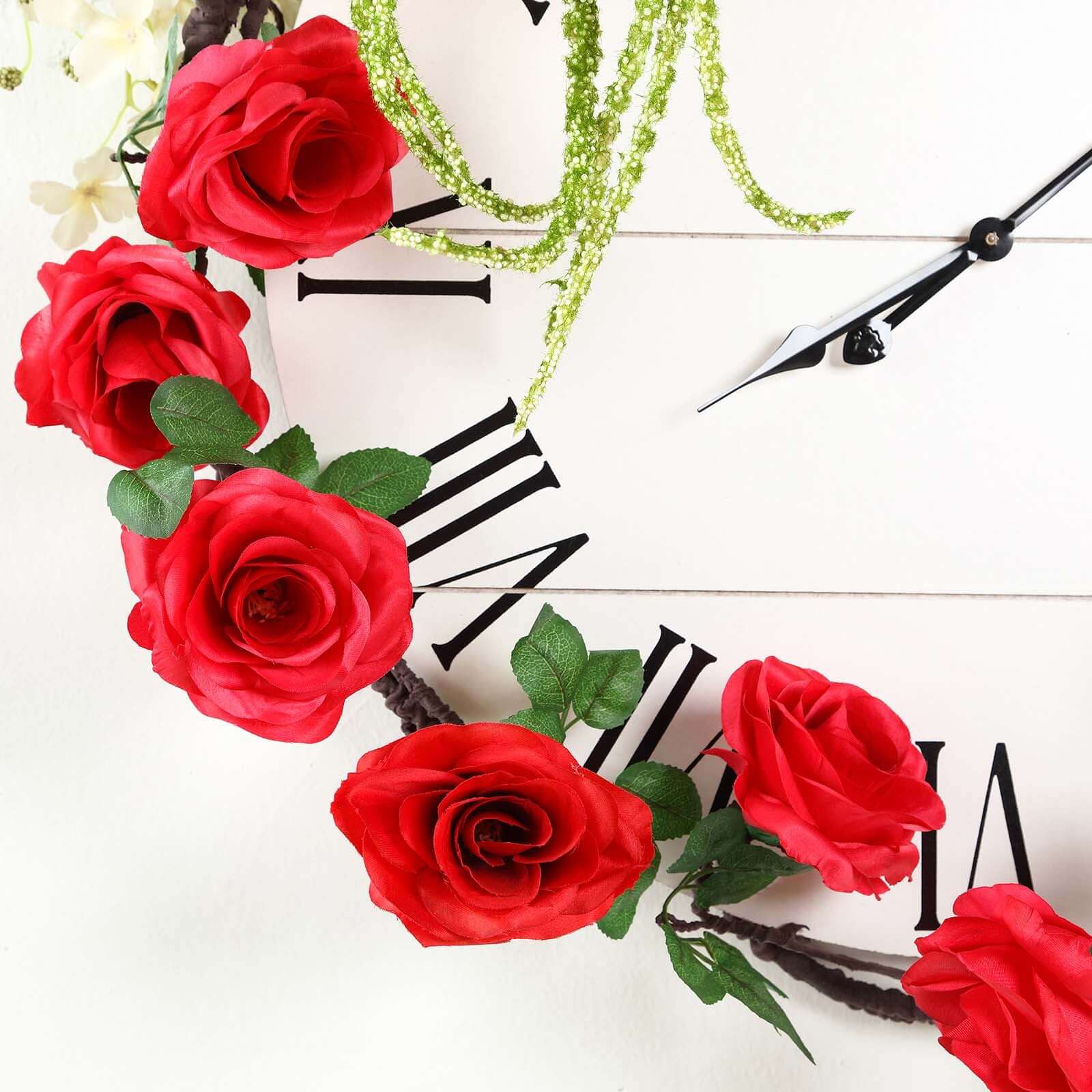 Red Artificial Silk Rose Hanging Flower Garland, Faux Vine 6ft